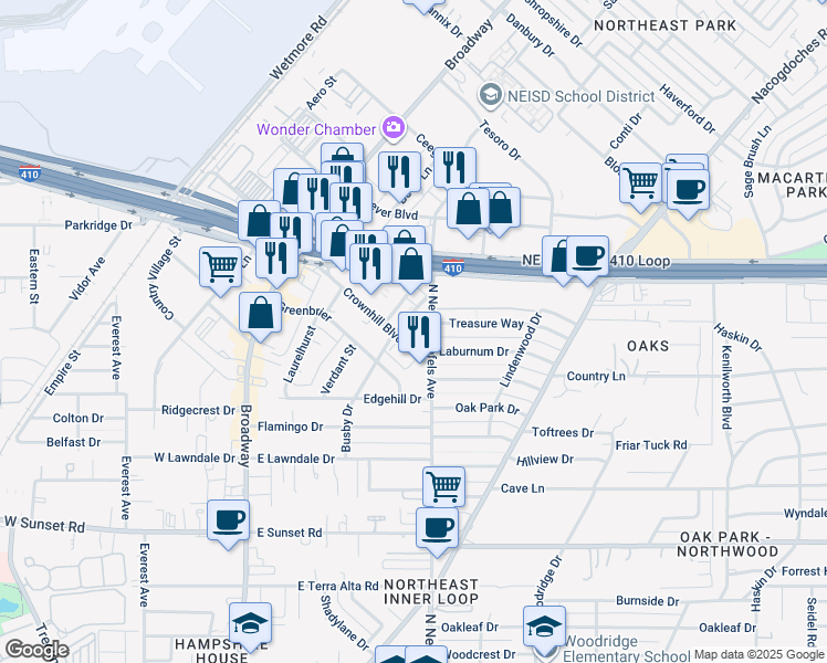 map of restaurants, bars, coffee shops, grocery stores, and more near 74 Busby Drive in San Antonio
