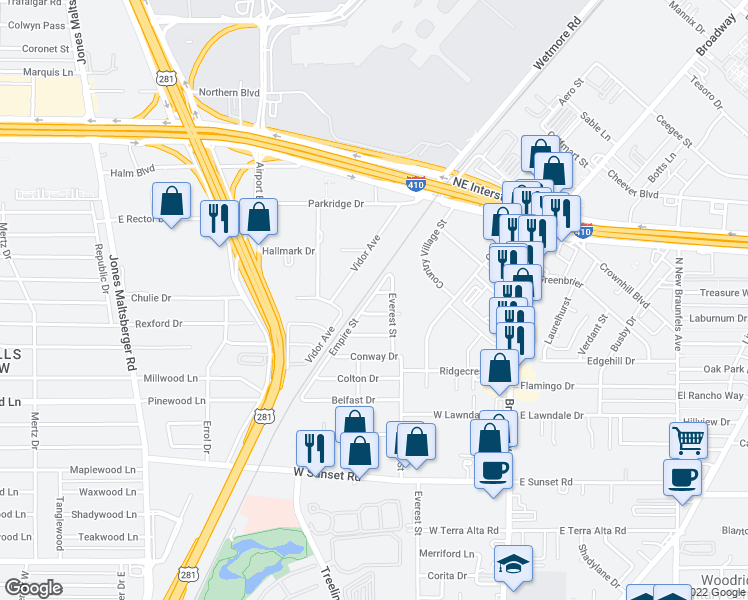map of restaurants, bars, coffee shops, grocery stores, and more near 102 Savoy Drive in San Antonio