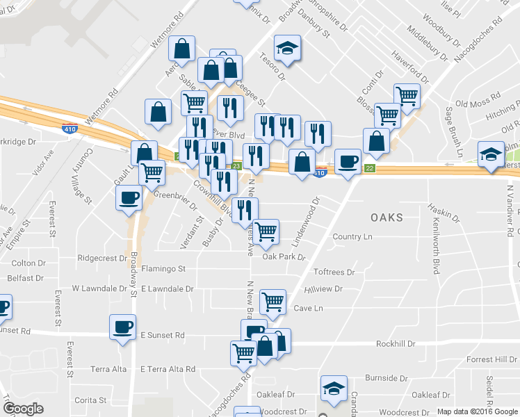 map of restaurants, bars, coffee shops, grocery stores, and more near 114 Treasure Way in San Antonio