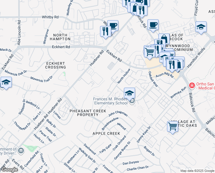 map of restaurants, bars, coffee shops, grocery stores, and more near 8003 North Hollow in San Antonio