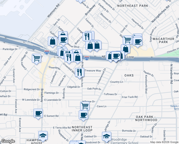 map of restaurants, bars, coffee shops, grocery stores, and more near 146 Treasure Way in San Antonio