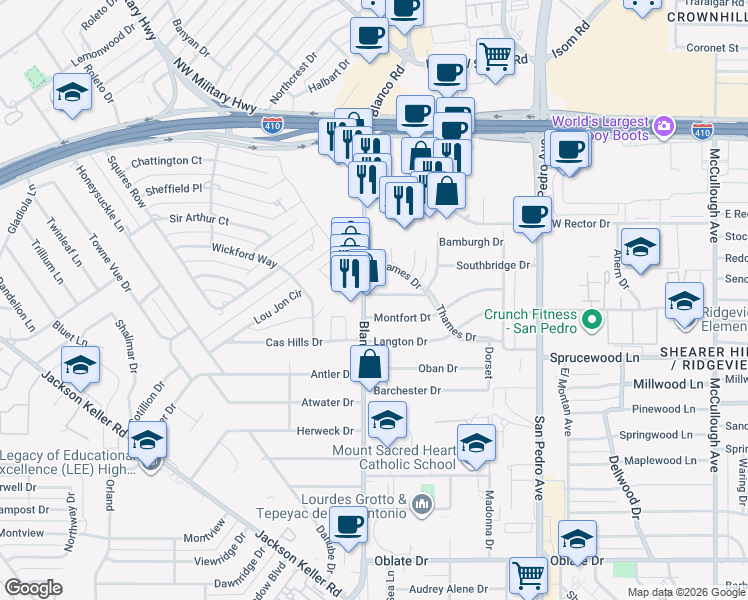 map of restaurants, bars, coffee shops, grocery stores, and more near 138 Cornwall Drive in San Antonio