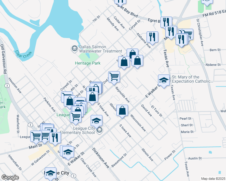 map of restaurants, bars, coffee shops, grocery stores, and more near 1101 East Main Street in League City