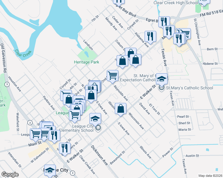 map of restaurants, bars, coffee shops, grocery stores, and more near 1025 Farm to Market Road 518 in League City