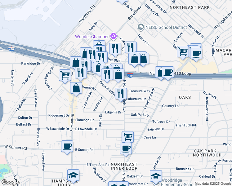map of restaurants, bars, coffee shops, grocery stores, and more near 74 Busby Drive in San Antonio