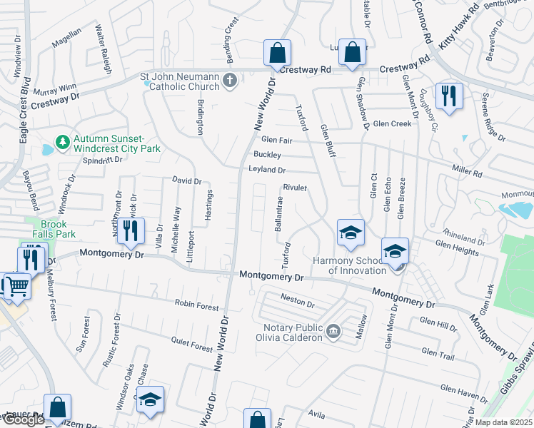 map of restaurants, bars, coffee shops, grocery stores, and more near 8334 Montgomery Circle in San Antonio