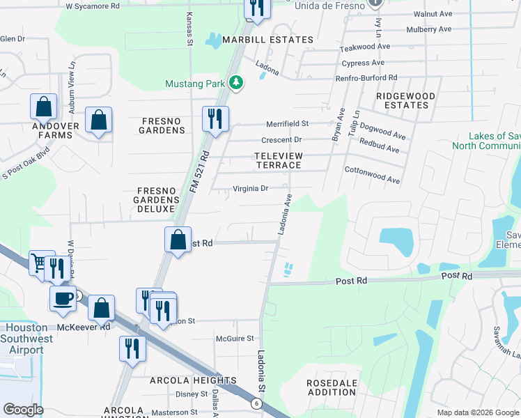 map of restaurants, bars, coffee shops, grocery stores, and more near 4658 North Teague Street in Rosharon