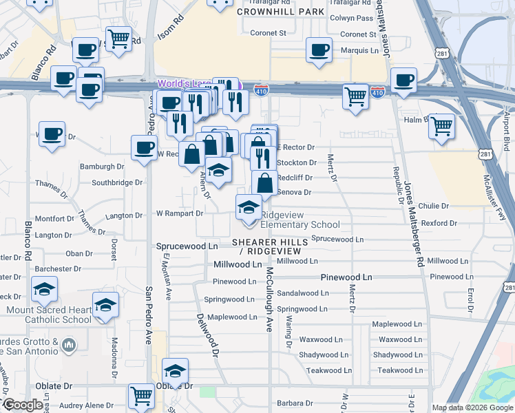 map of restaurants, bars, coffee shops, grocery stores, and more near 259 East Rampart Drive in San Antonio
