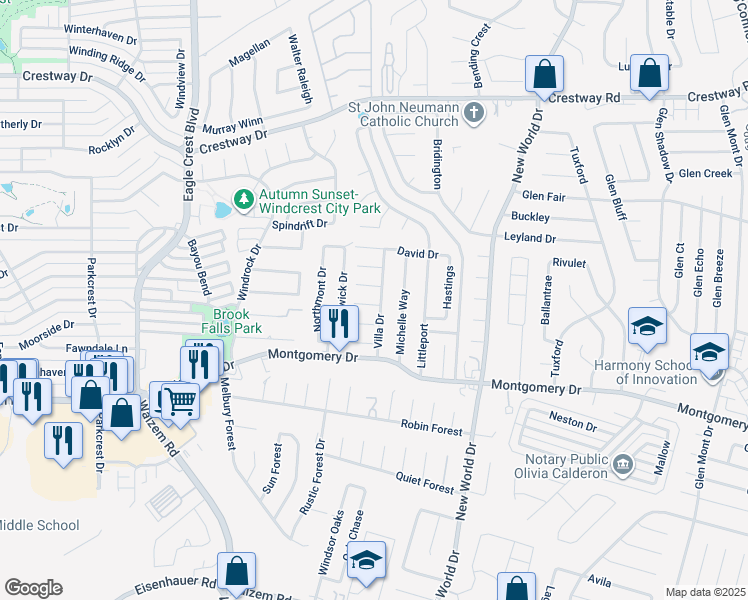 map of restaurants, bars, coffee shops, grocery stores, and more near 8402 Villa Drive in San Antonio