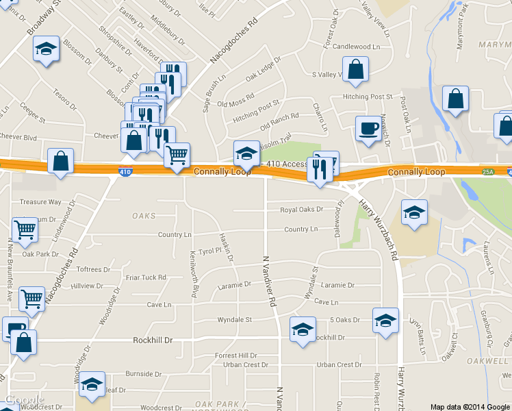 map of restaurants, bars, coffee shops, grocery stores, and more near 223 Royal Oaks Drive in San Antonio