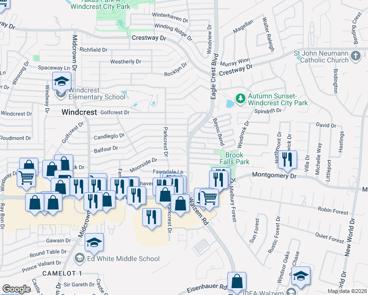 map of restaurants, bars, coffee shops, grocery stores, and more near 5902 Brook Falls in San Antonio