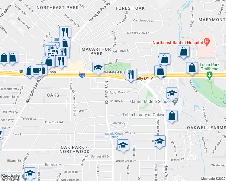 map of restaurants, bars, coffee shops, grocery stores, and more near 311 Royal Oaks Drive in San Antonio