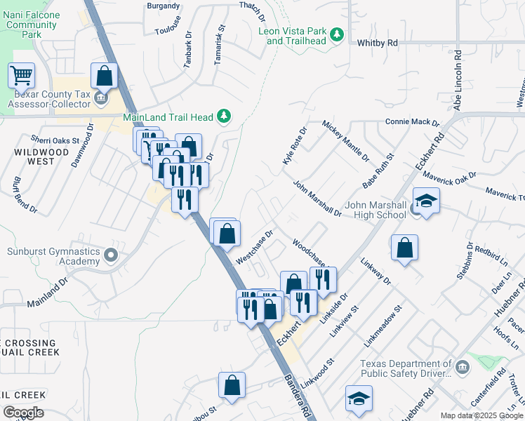 map of restaurants, bars, coffee shops, grocery stores, and more near 7927 Woodchase in San Antonio