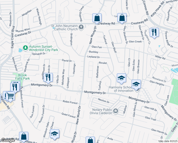 map of restaurants, bars, coffee shops, grocery stores, and more near 8334 Montgomery Circle in San Antonio