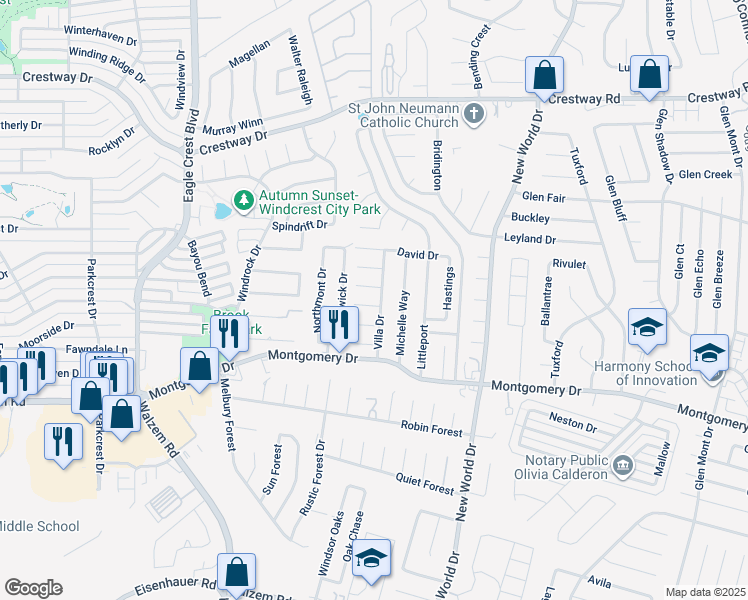 map of restaurants, bars, coffee shops, grocery stores, and more near 8402 Villa Drive in San Antonio