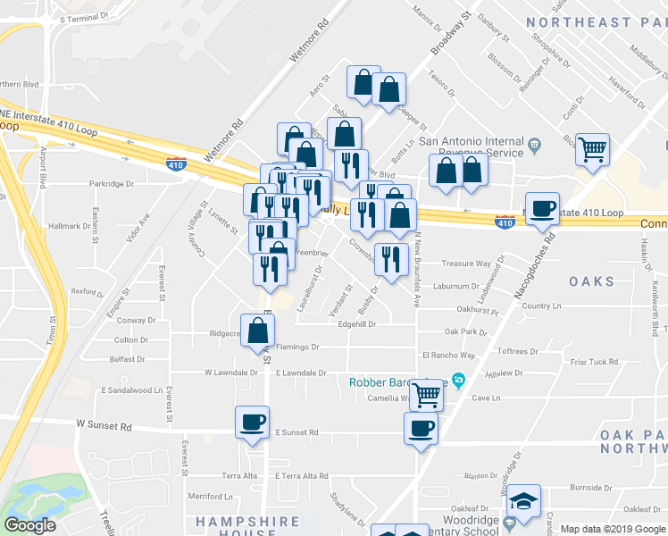 map of restaurants, bars, coffee shops, grocery stores, and more near 8417 Greenbrier in San Antonio