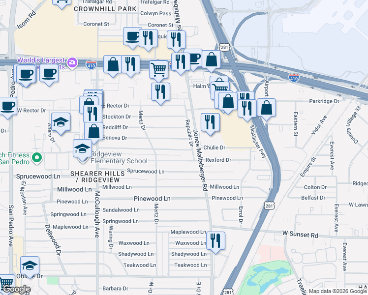 map of restaurants, bars, coffee shops, grocery stores, and more near 451 East Rampart Drive in San Antonio