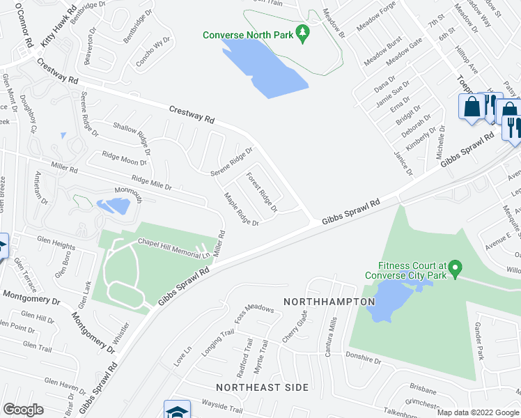 map of restaurants, bars, coffee shops, grocery stores, and more near 8418 Cascade Ridge Drive in San Antonio