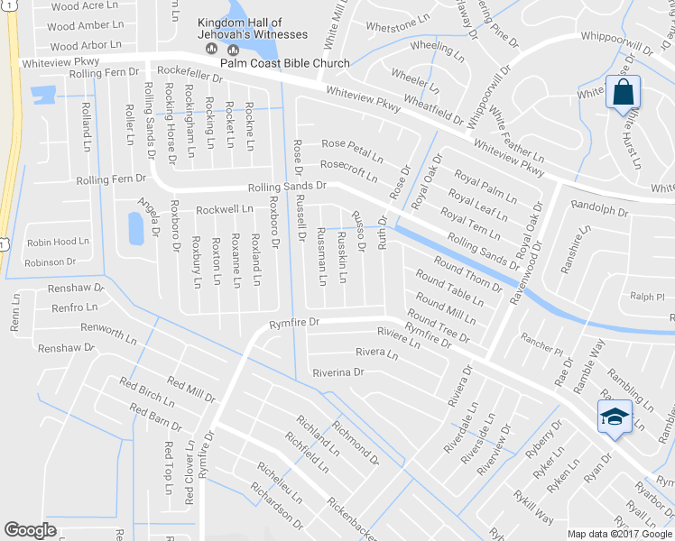 map of restaurants, bars, coffee shops, grocery stores, and more near 22 Russkin Lane in Palm Coast