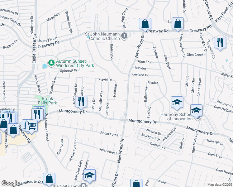 map of restaurants, bars, coffee shops, grocery stores, and more near 8318 Hastings in San Antonio
