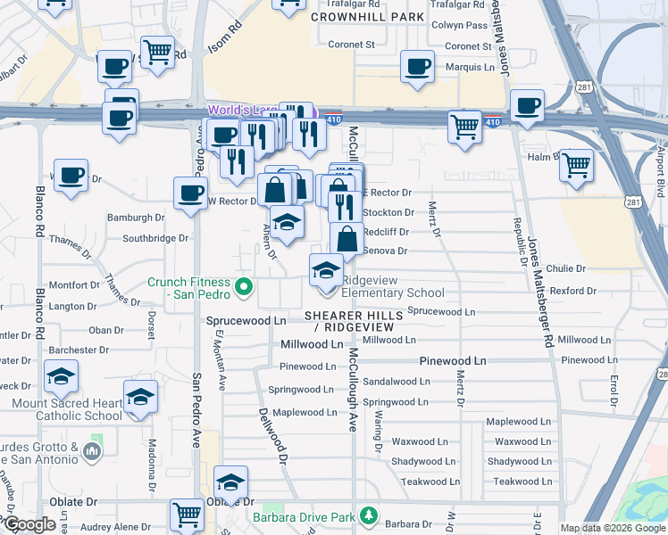 map of restaurants, bars, coffee shops, grocery stores, and more near 218 East Rampart Drive in San Antonio