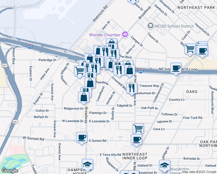 map of restaurants, bars, coffee shops, grocery stores, and more near 8417 Greenbrier in San Antonio