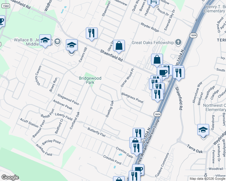 map of restaurants, bars, coffee shops, grocery stores, and more near 10716 Juniper Pass in San Antonio