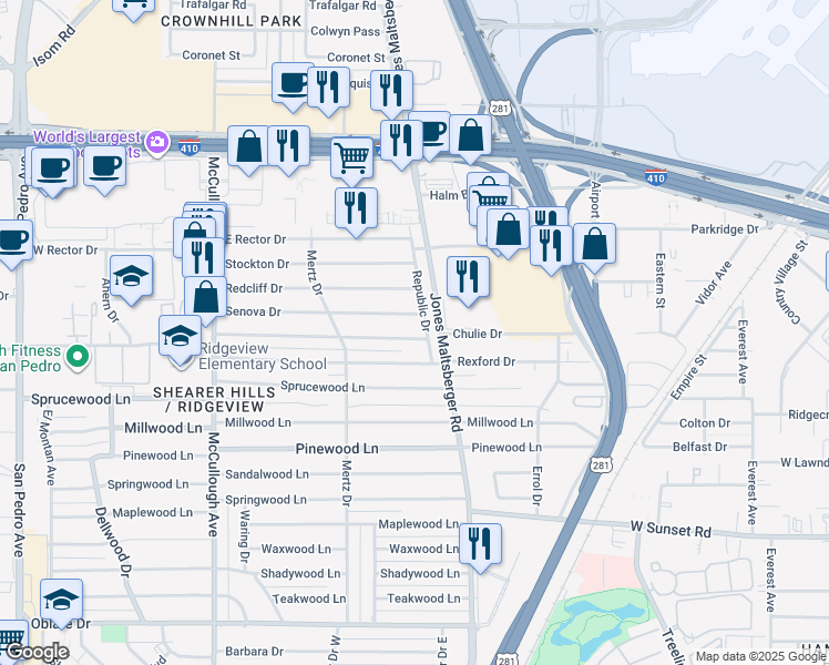 map of restaurants, bars, coffee shops, grocery stores, and more near 451 East Rampart Drive in San Antonio