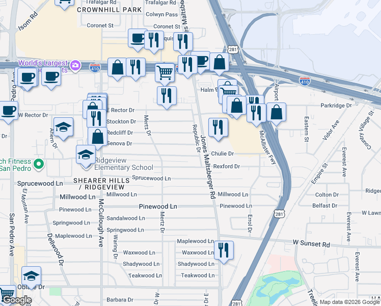 map of restaurants, bars, coffee shops, grocery stores, and more near 451 East Rampart Drive in San Antonio