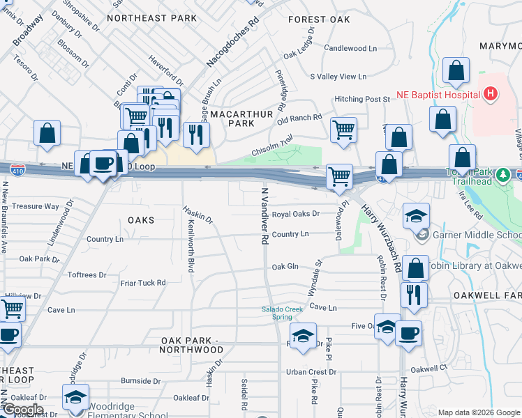 map of restaurants, bars, coffee shops, grocery stores, and more near 227 Royal Oaks Drive in San Antonio