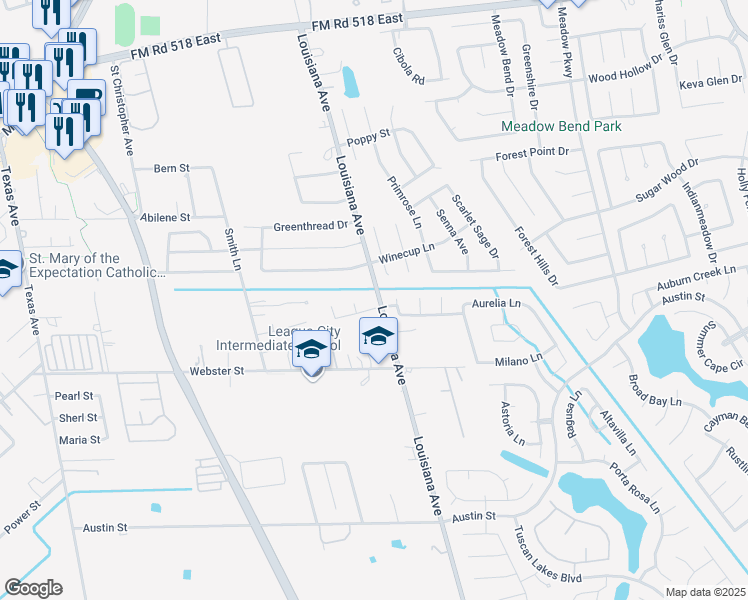 map of restaurants, bars, coffee shops, grocery stores, and more near 2318 Laurel Street in League City