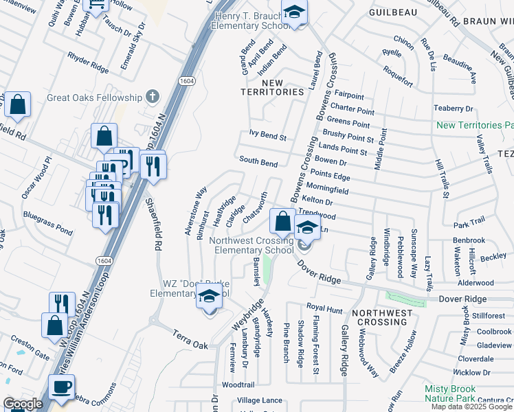 map of restaurants, bars, coffee shops, grocery stores, and more near 7651 Chatsworth in San Antonio