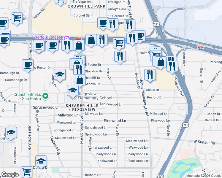 map of restaurants, bars, coffee shops, grocery stores, and more near 367 East Rampart Drive in San Antonio
