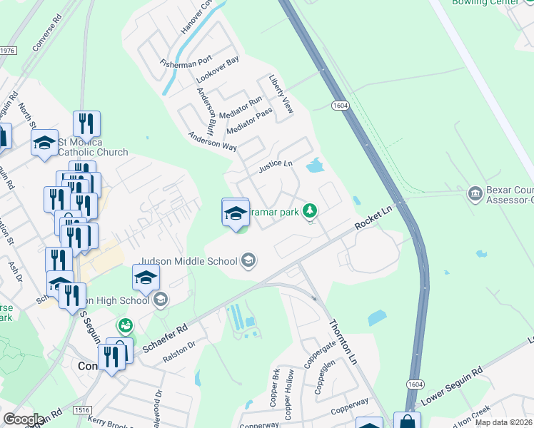 map of restaurants, bars, coffee shops, grocery stores, and more near 8605 Anderson Cove in Converse