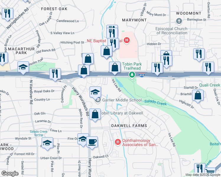 map of restaurants, bars, coffee shops, grocery stores, and more near 1946 Northeast Interstate 410 Loop in San Antonio