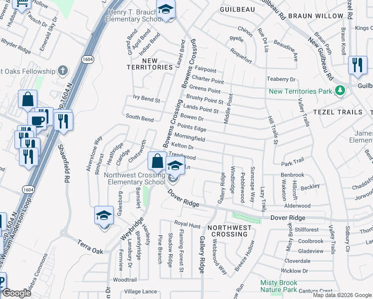 map of restaurants, bars, coffee shops, grocery stores, and more near 9919 Trendwood in San Antonio
