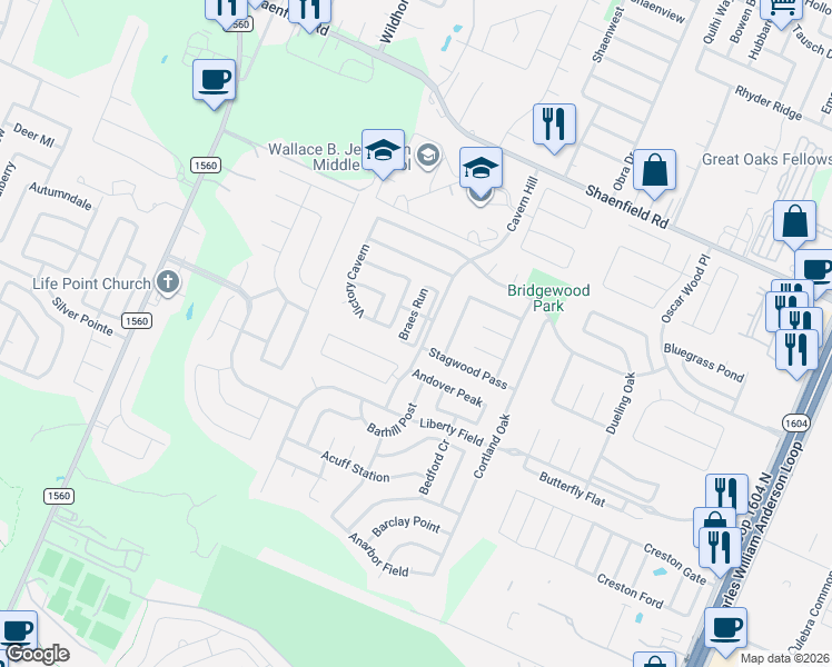 map of restaurants, bars, coffee shops, grocery stores, and more near 8003 Braes Run in San Antonio