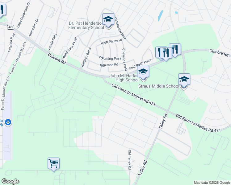map of restaurants, bars, coffee shops, grocery stores, and more near 14350 Old Farm to Market 471 West in San Antonio