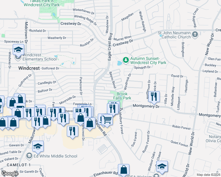 map of restaurants, bars, coffee shops, grocery stores, and more near 5934 Brook Falls in San Antonio