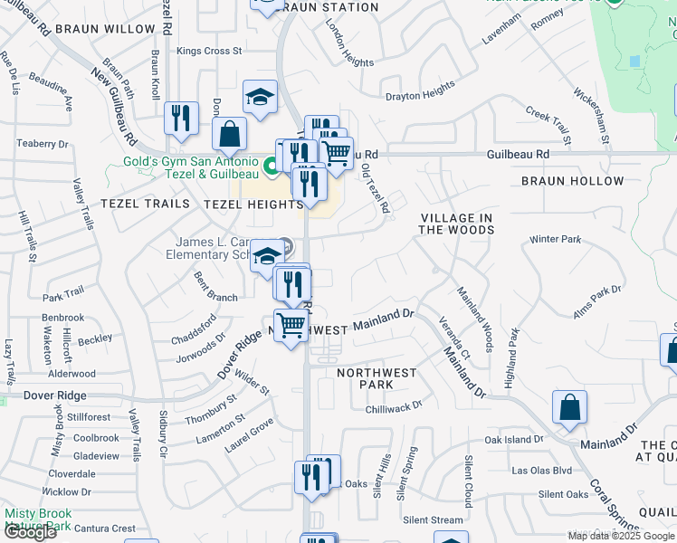 map of restaurants, bars, coffee shops, grocery stores, and more near 9006 Oak Meadow Terrace in San Antonio