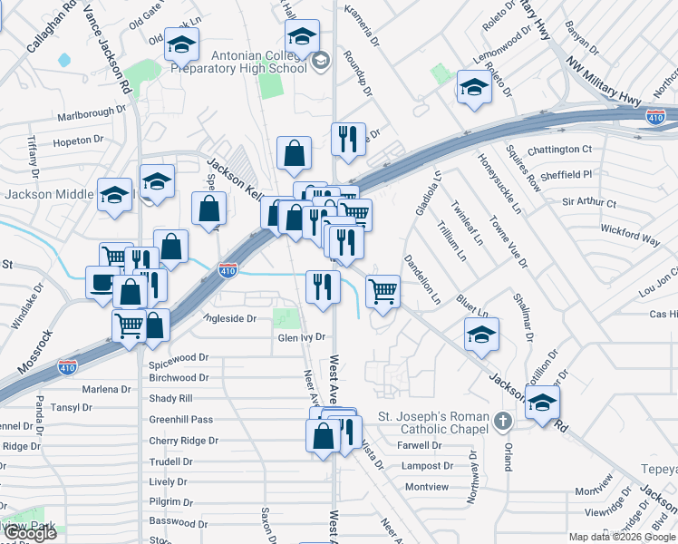 map of restaurants, bars, coffee shops, grocery stores, and more near 5108 West Avenue in San Antonio