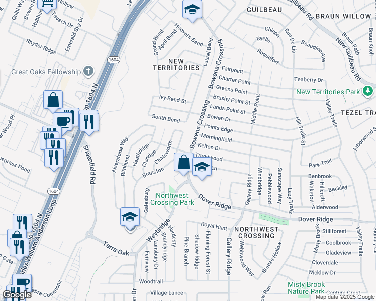 map of restaurants, bars, coffee shops, grocery stores, and more near 7803 Bowens Crossing in San Antonio