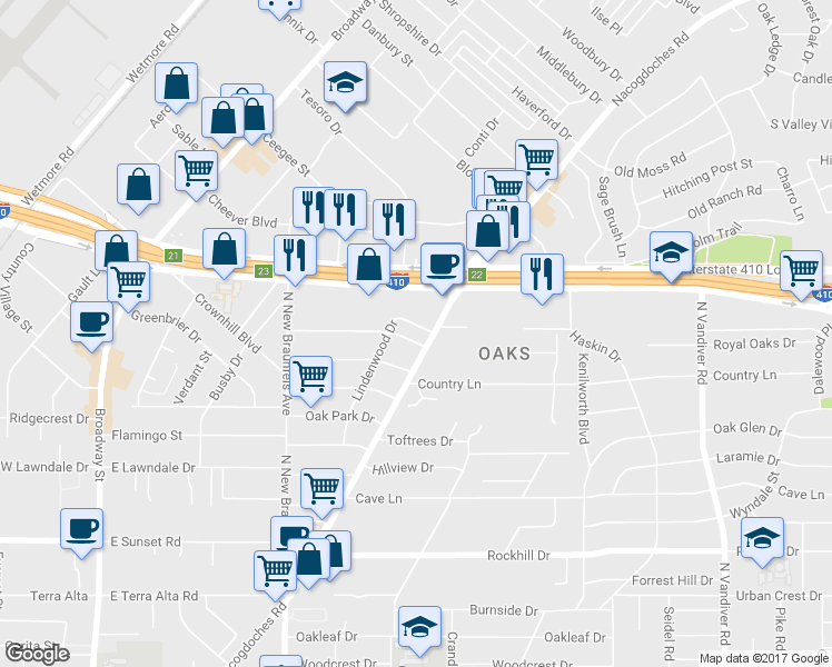 map of restaurants, bars, coffee shops, grocery stores, and more near 223 Treasure Way in San Antonio