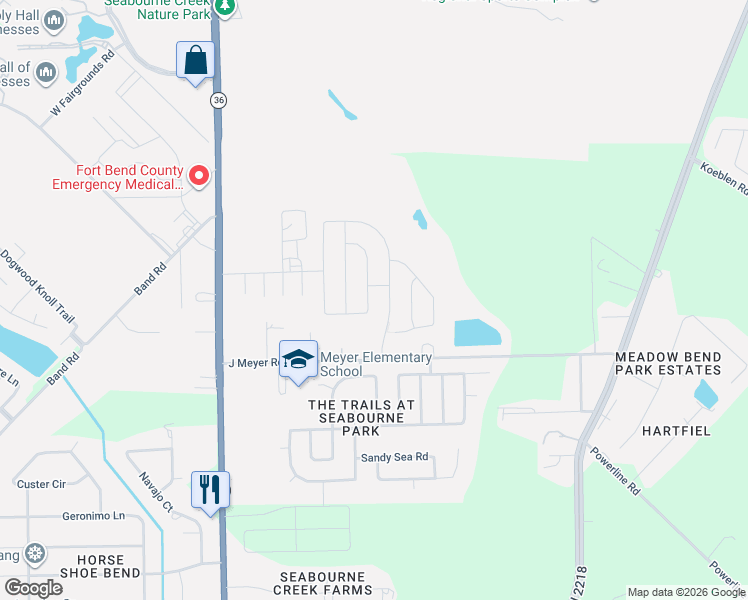 map of restaurants, bars, coffee shops, grocery stores, and more near 4719 Seabourne Landing Drive in Rosenberg
