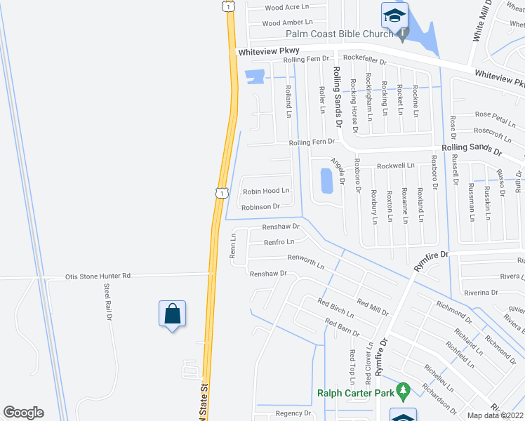 map of restaurants, bars, coffee shops, grocery stores, and more near 45 Robinson Drive in Palm Coast