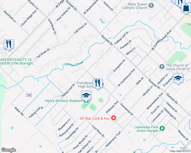 map of restaurants, bars, coffee shops, grocery stores, and more near 705 Greenbriar Drive in Friendswood