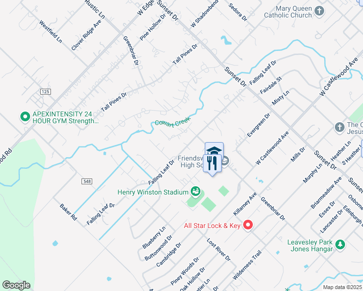 map of restaurants, bars, coffee shops, grocery stores, and more near 1008 Falling Leaf Drive in Friendswood