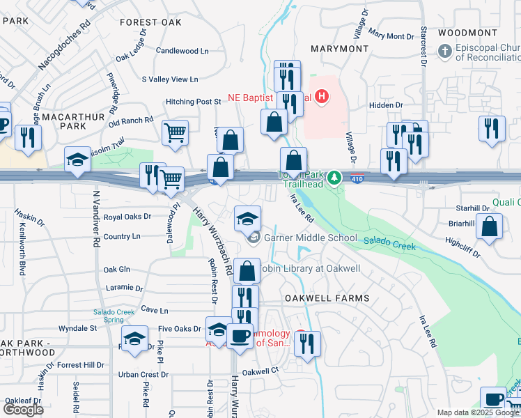 map of restaurants, bars, coffee shops, grocery stores, and more near 3206 Cripple Creek Street in San Antonio