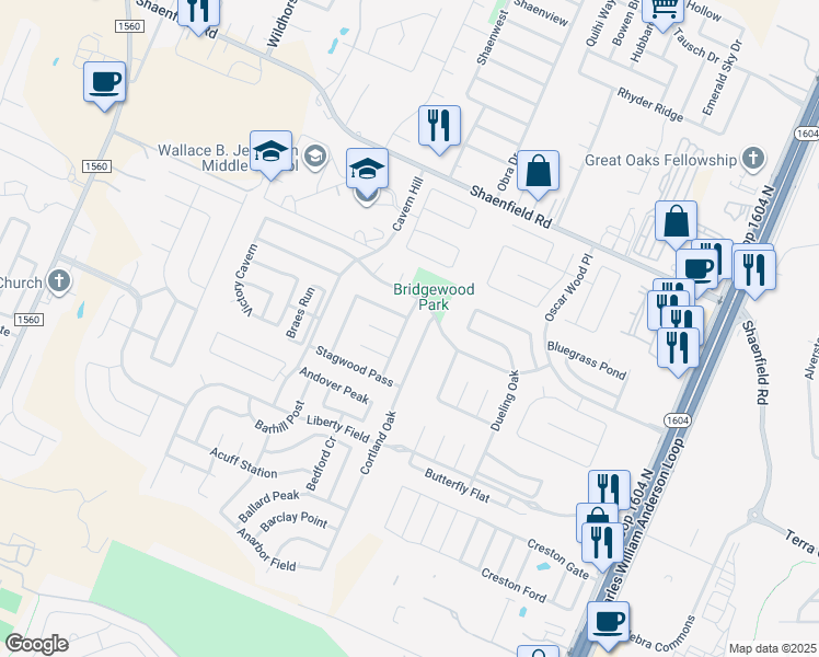 map of restaurants, bars, coffee shops, grocery stores, and more near 7902 Winterstone Drive in San Antonio