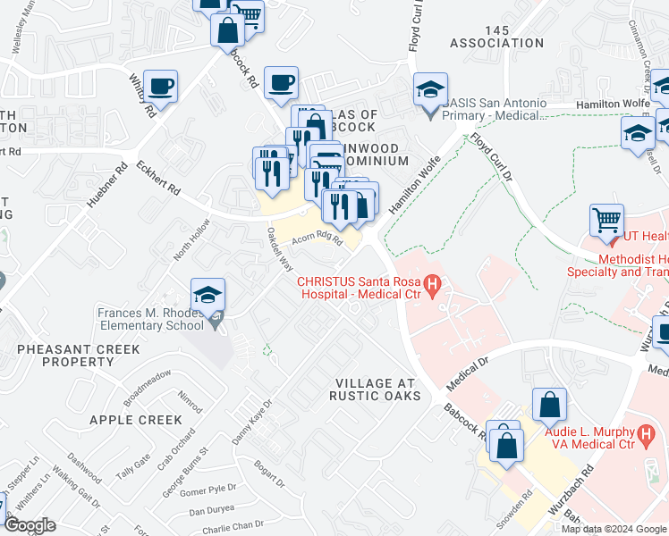 map of restaurants, bars, coffee shops, grocery stores, and more near 5263 Hamilton Wolfe in San Antonio